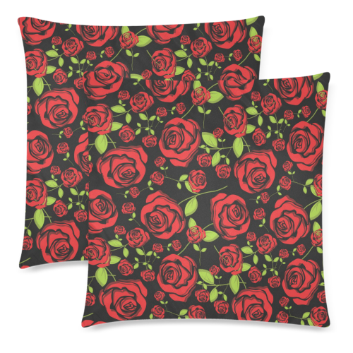 Red Roses on Black Custom Zippered Pillow Cases 18"x 18" (Twin Sides) (Set of 2)