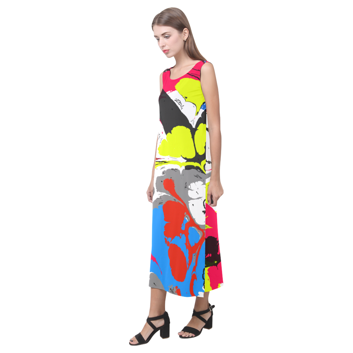 Colorful distorted shapes2 Phaedra Sleeveless Open Fork Long Dress (Model D08)