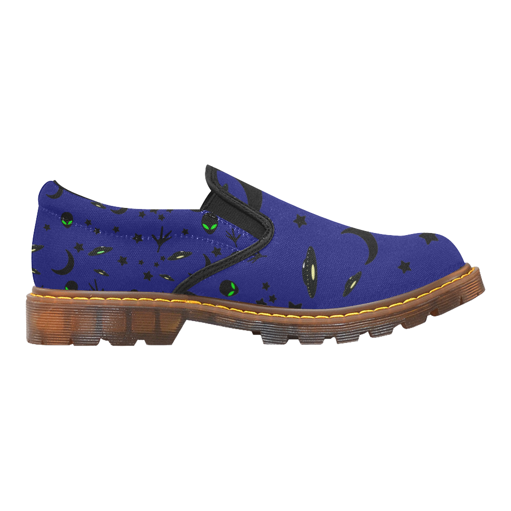 Alien Flying Saucers Stars Pattern on Blue Martin Women's Slip-On Loafer (Model 12031)