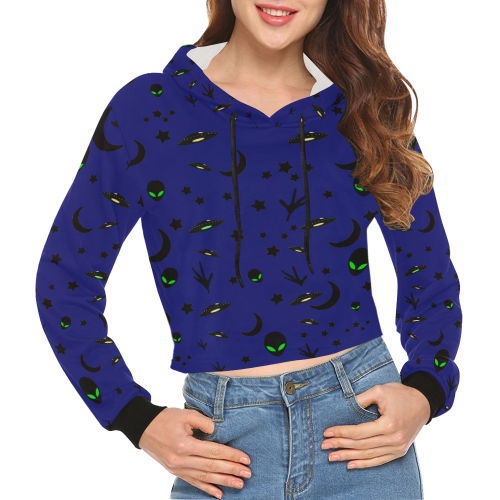 Alien Flying Saucers Stars Pattern on Blue All Over Print Crop Hoodie for Women (Model H22)
