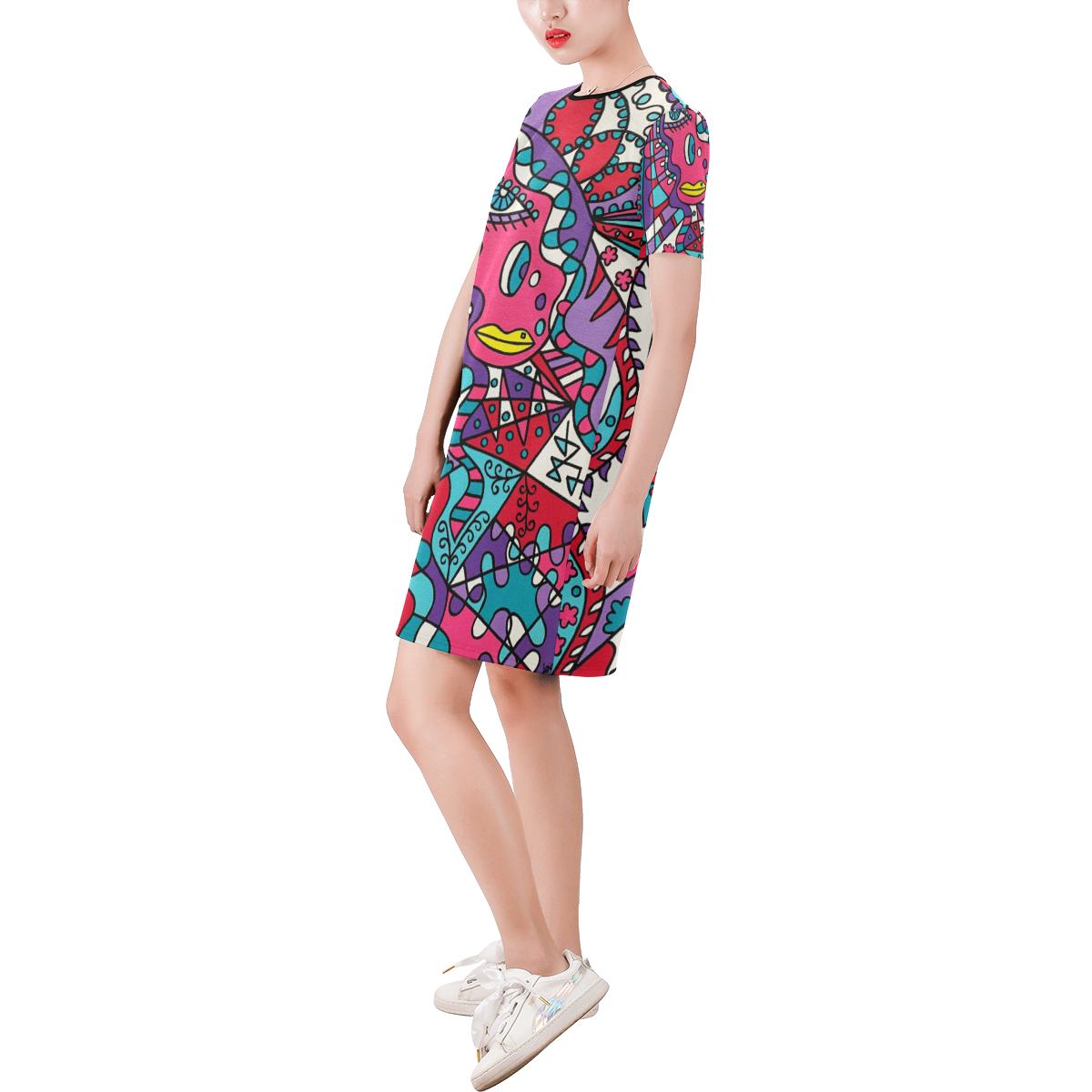 Tickled Short-Sleeve Round Neck A-Line Dress (Model D47)