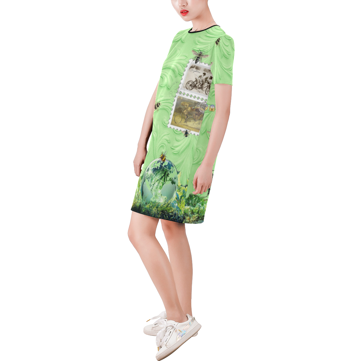 Running Out of Time Short-Sleeve Round Neck A-Line Dress (Model D47)