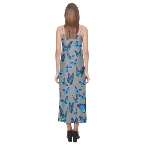 blue butterflies V-Neck Open Fork Long Dress(Model D18)