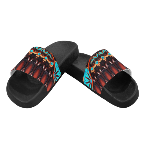 K172 Wood and Turquoise Abstract Men's Slide Sandals/Large Size (Model 057)