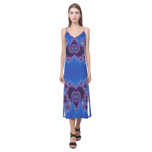 Blue Hearts and Lace Fractal Abstract 2 V-Neck Open Fork Long Dress(Model D18)