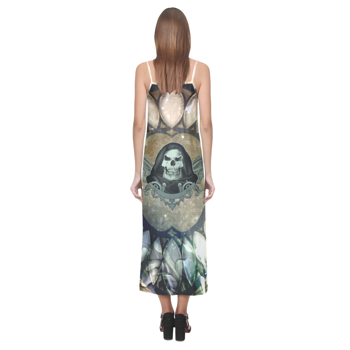 Awesome scary skull V-Neck Open Fork Long Dress(Model D18)