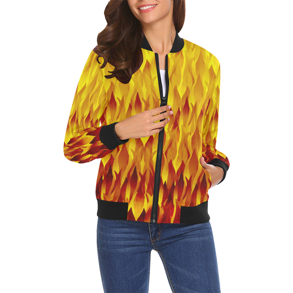 Hot Fire and Flames Illustration All Over Print Bomber Jacket for Women (Model H19)