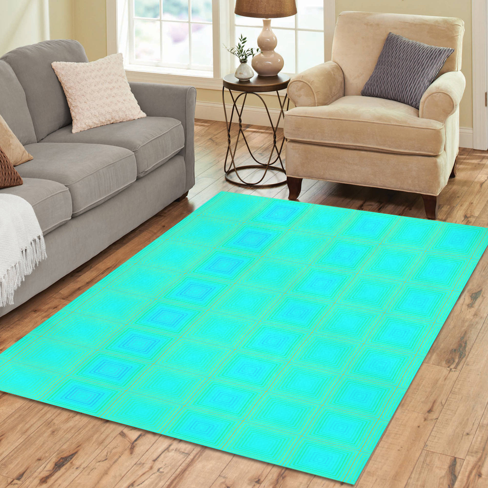 Baby blue yellow multicolored multiple squares Area Rug7'x5'