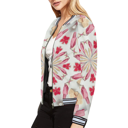 Love and Romance Gingham and Heart Shapped Cookies All Over Print Bomber Jacket for Women (Model H21)