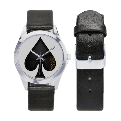 Spade Las Vegas Symbol Playing Card Shape  (White) Unisex Silver-Tone Round Leather Watch (Model 216)