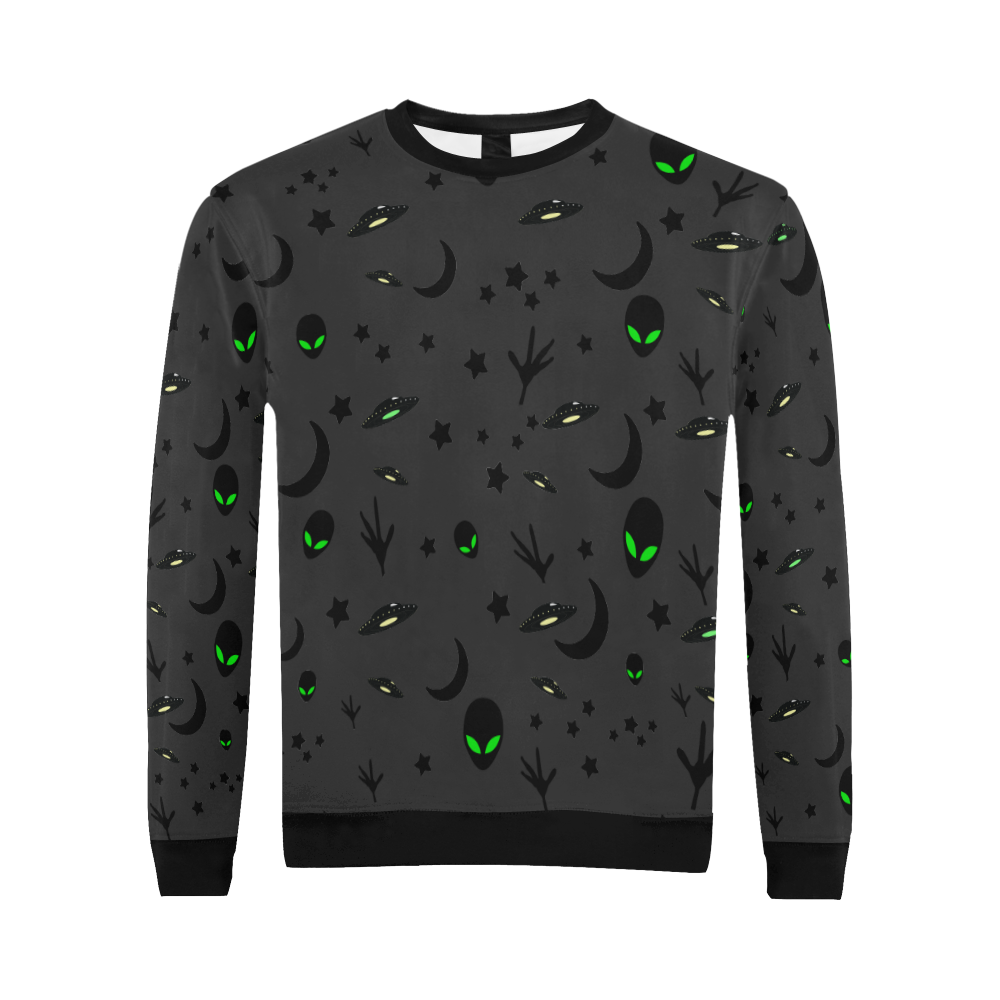 Alien Flying Saucers Stars Pattern on Charcoal All Over Print Crewneck Sweatshirt for Men/Large (Model H18)