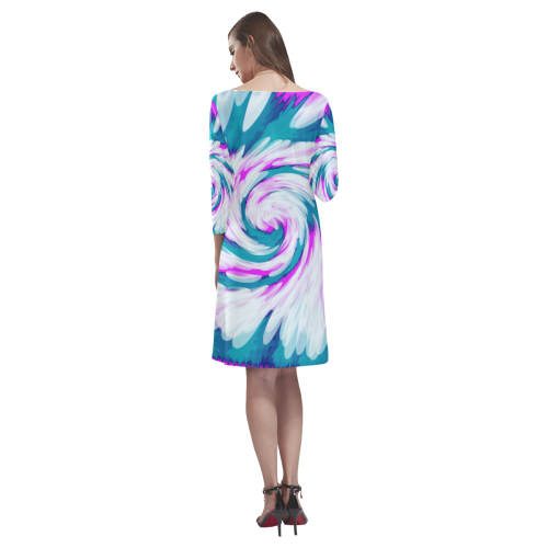 Turquoise Pink Tie Dye Swirl Abstract Rhea Loose Round Neck Dress(Model D22)