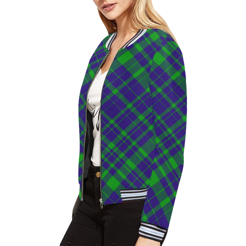 Diagonal Green & Purple Plaid Modern Style All Over Print Bomber Jacket for Women (Model H21)