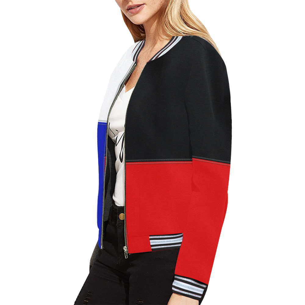 Red, Black and Blue Blocks All Over Print Bomber Jacket for Women (Model H21)