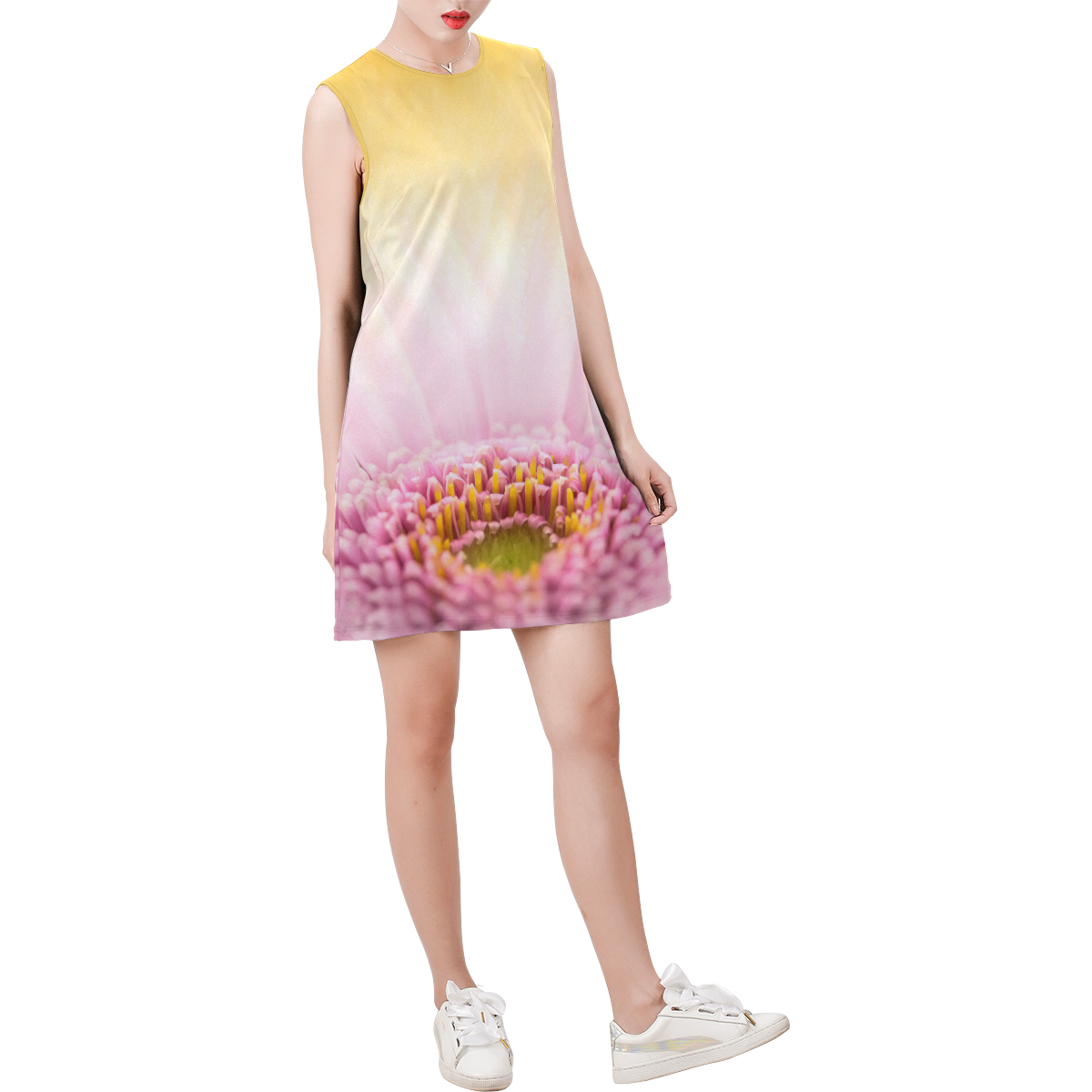 Gerbera Daisy - Pink Flower on Watercolor Yellow Sleeveless Round Neck Shift Dress (Model D51)