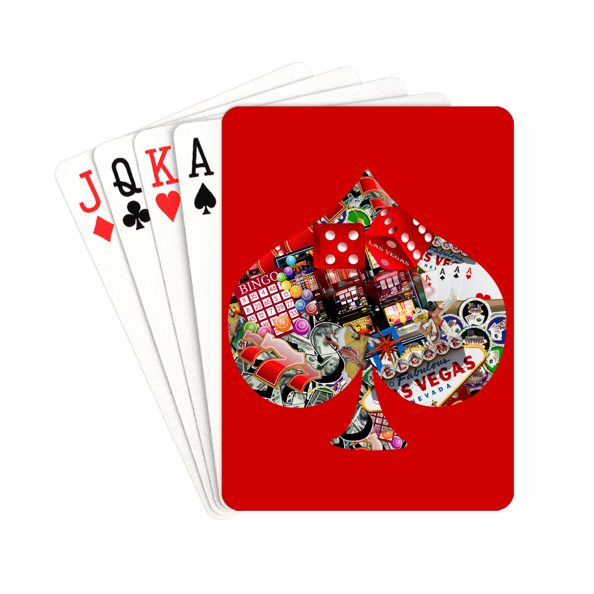 Spade Playing Card Shape - Las Vegas Icons on Red Playing Cards 2.5"x3.5"