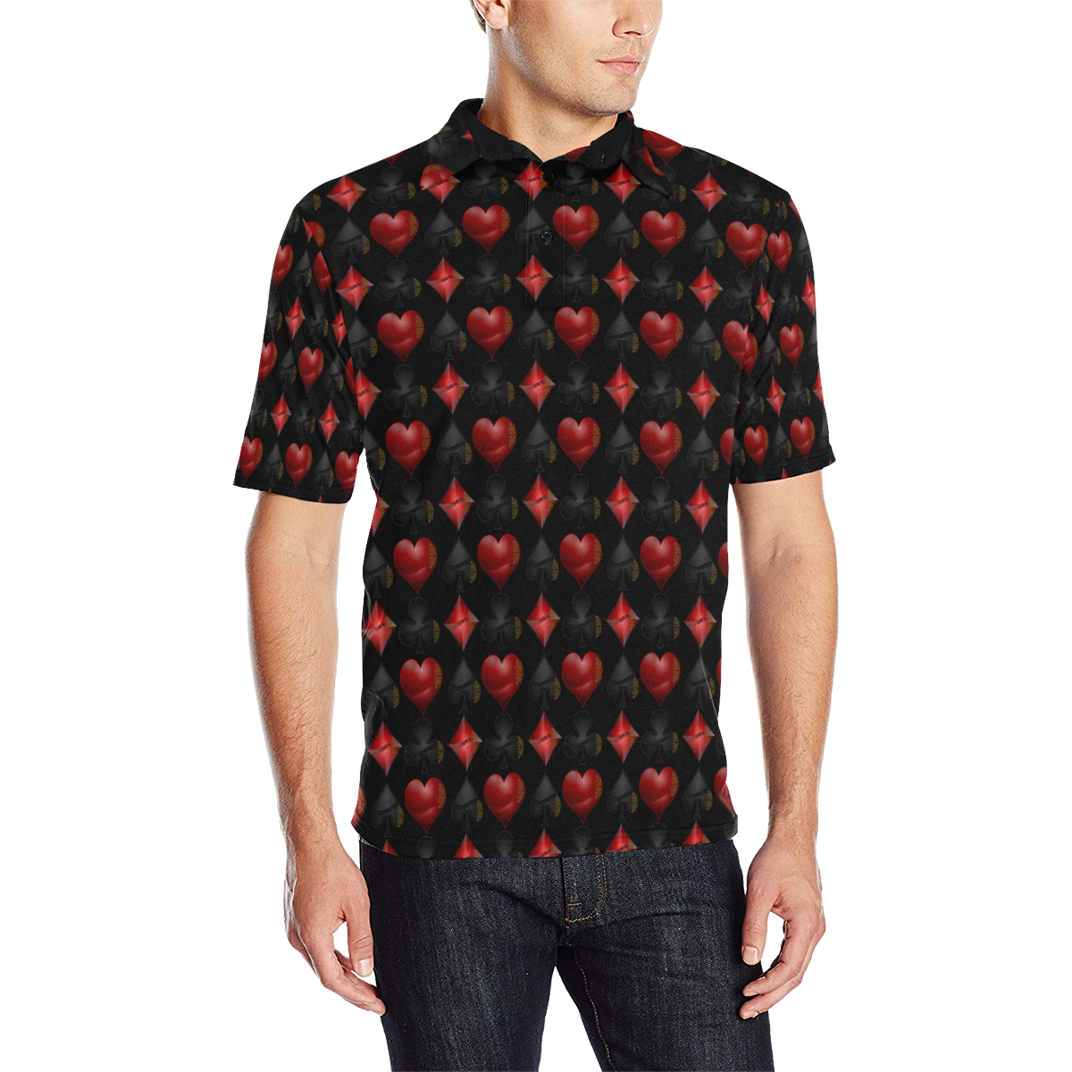 Las Vegas Black and Red Casino Poker Card Shapes Men's All Over Print Polo Shirt (Model T55)