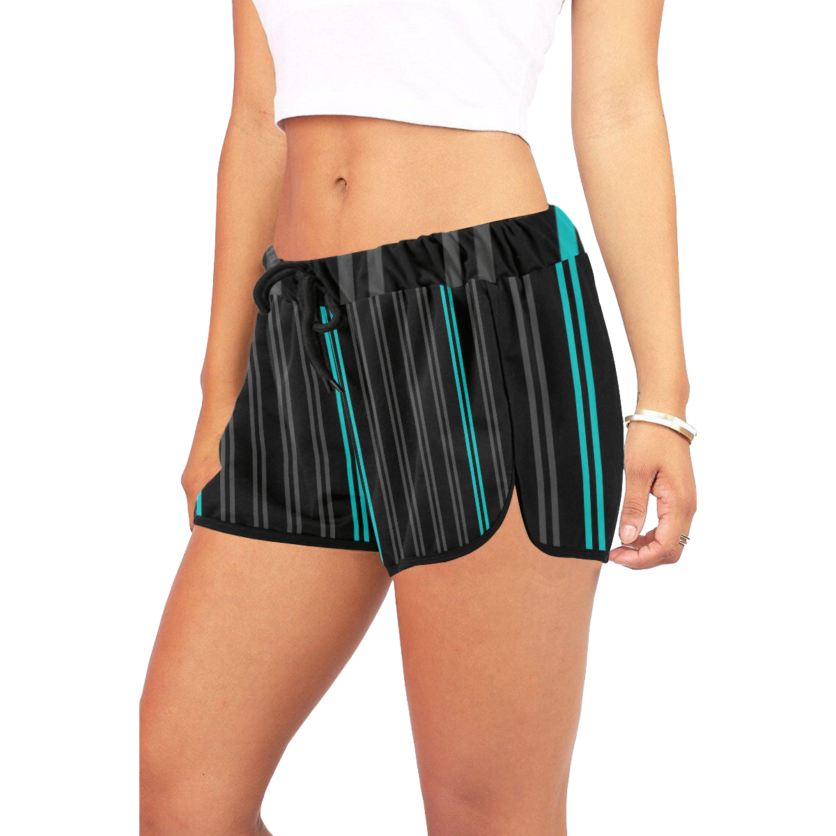 Gray/Aqua Stripes on Black Background Women's All Over Print Relaxed Shorts (Model L19)