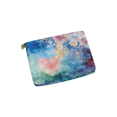 Heart and Flowers - Pink and Blue Carry-All Pouch 6''x5''