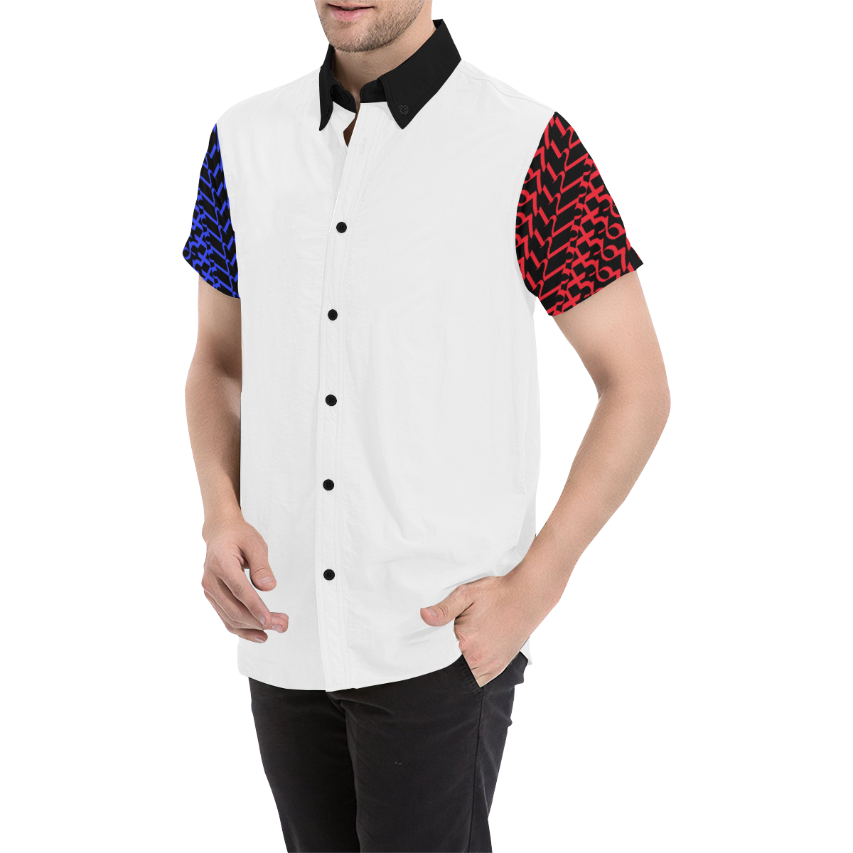 NUMBERS Collection 1234567 White "Reverse" sleeves/Black collar Men's All Over Print Short Sleeve Shirt (Model T53)