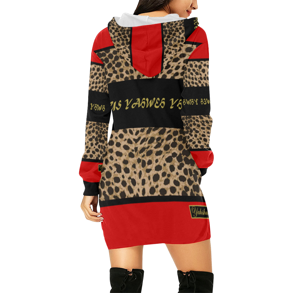 Yahweh Leopard Hood Dress Red All Over Print Hoodie Mini Dress (Model H27)