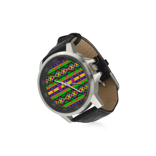 Distorted colorful shapes and stripes Unisex Stainless Steel Leather Strap Watch(Model 202)