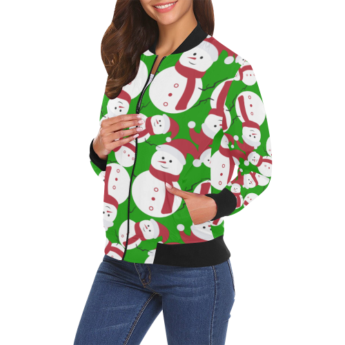 Snowman CHRISTMAS Pattern  GREEN All Over Print Bomber Jacket for Women (Model H19)