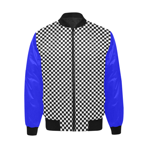 Checkerboard Black, White And Blue All Over Print Quilted Bomber Jacket for Men (Model H33)