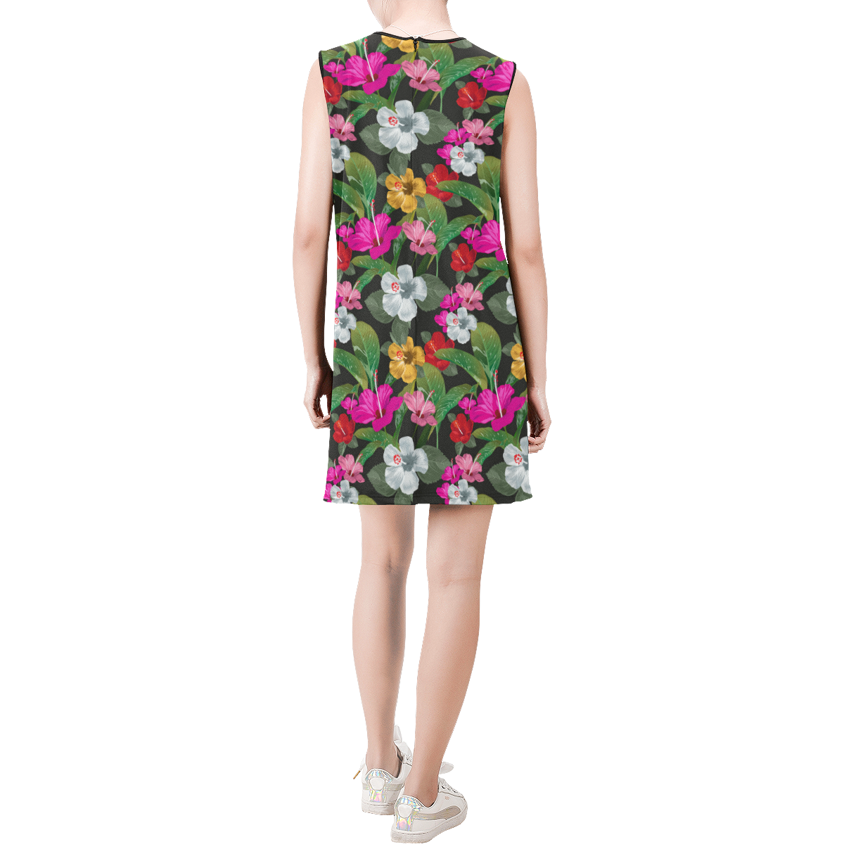 Tropical Gumamela Floral Sleeveless Round Neck Shift Dress (Model D51)