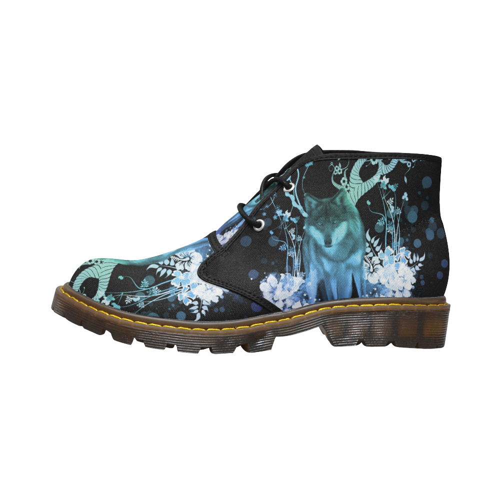 Awesome wolf with flowers Women's Canvas Chukka Boots/Large Size (Model 2402-1)
