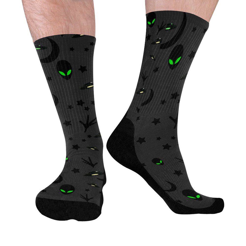 Alien Flying Saucers Stars Pattern on Charcoal Mid-Calf Socks (Black Sole)