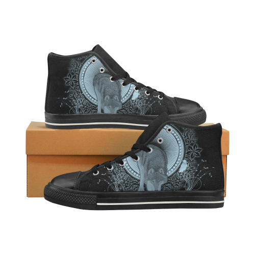 Wolf in black and blue High Top Canvas Shoes for Kid (Model 017)
