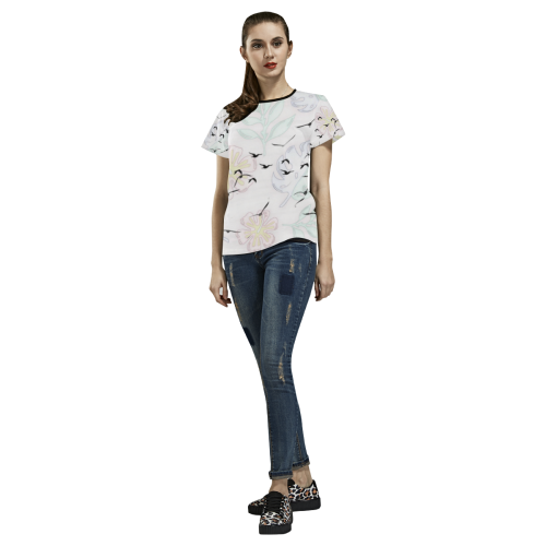 trendy birds pastel floral by JamColors All Over Print T-shirt for Women/Large Size (USA Size) (Model T40)