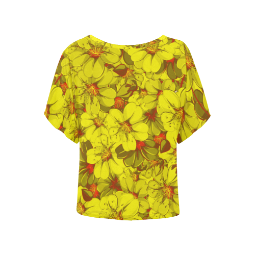 Yellow flower pattern Women's Batwing-Sleeved Blouse T shirt (Model T44)