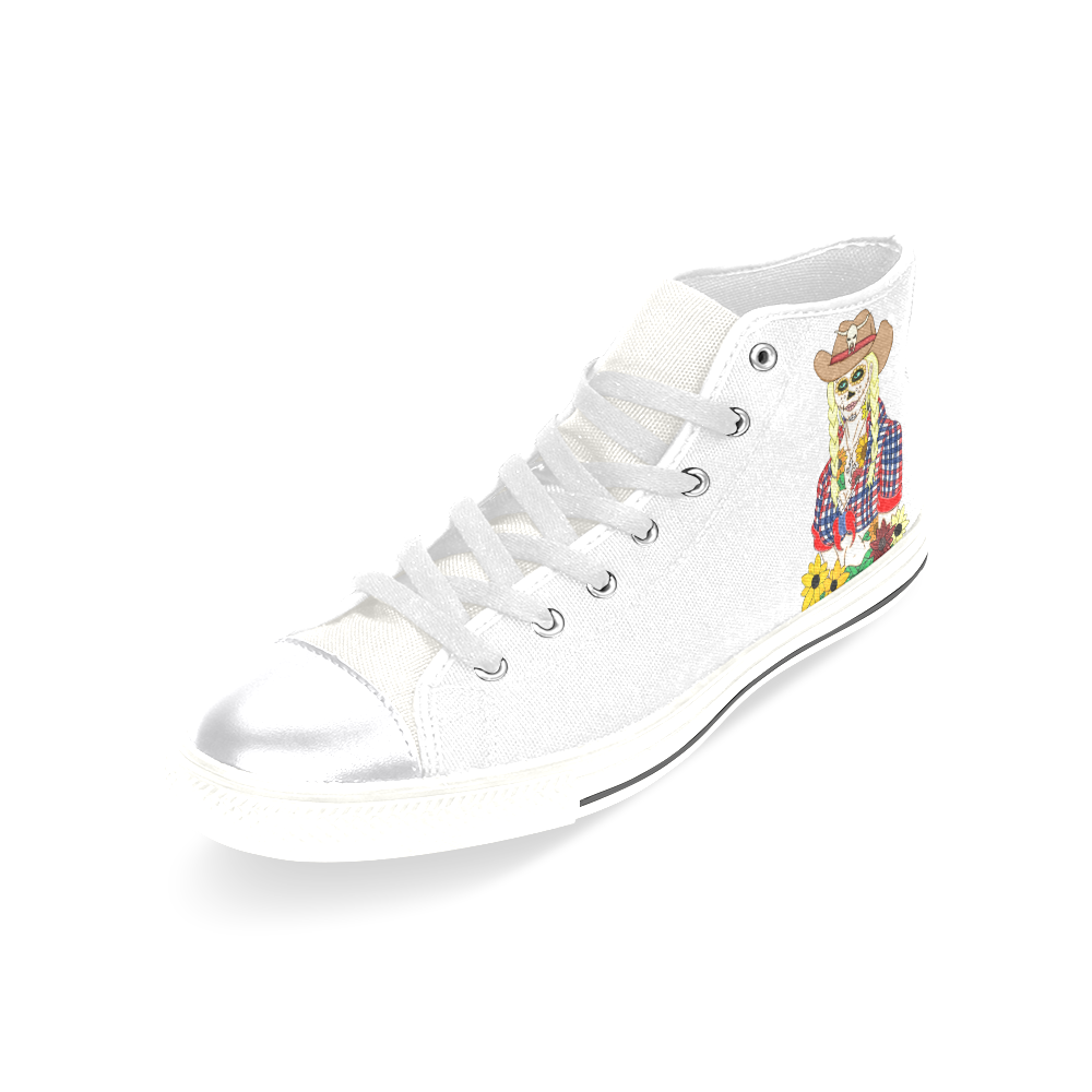 Cowgirl Sugar Skull White Women's Classic High Top Canvas Shoes (Model 017)