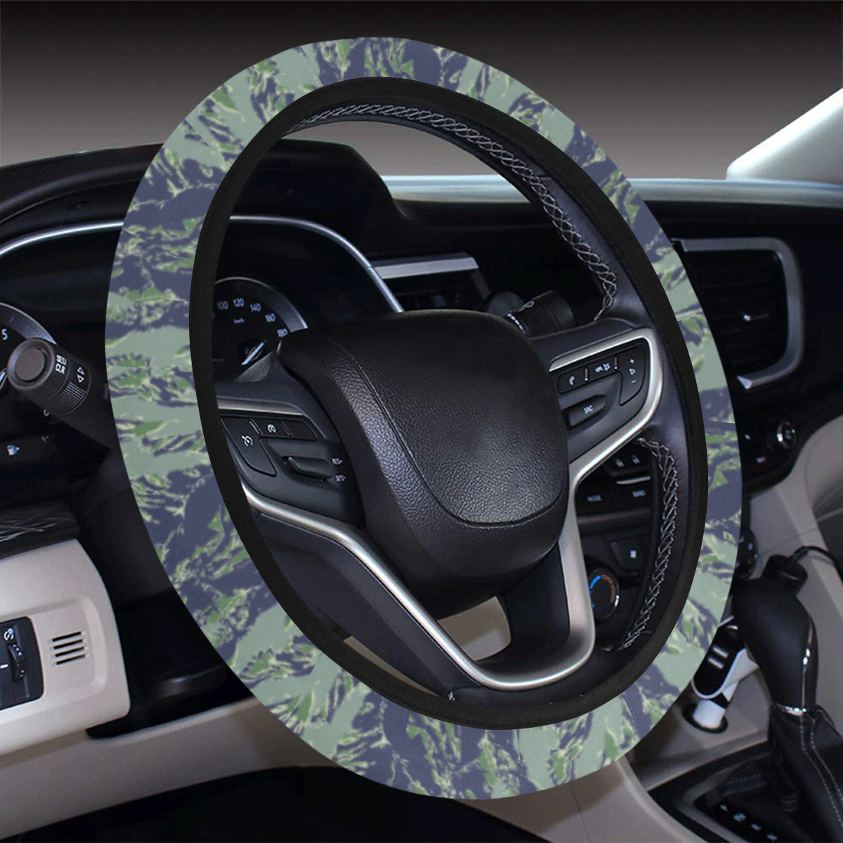 Jungle Tiger Stripe Green Camouflage Steering Wheel Cover with Elastic Edge