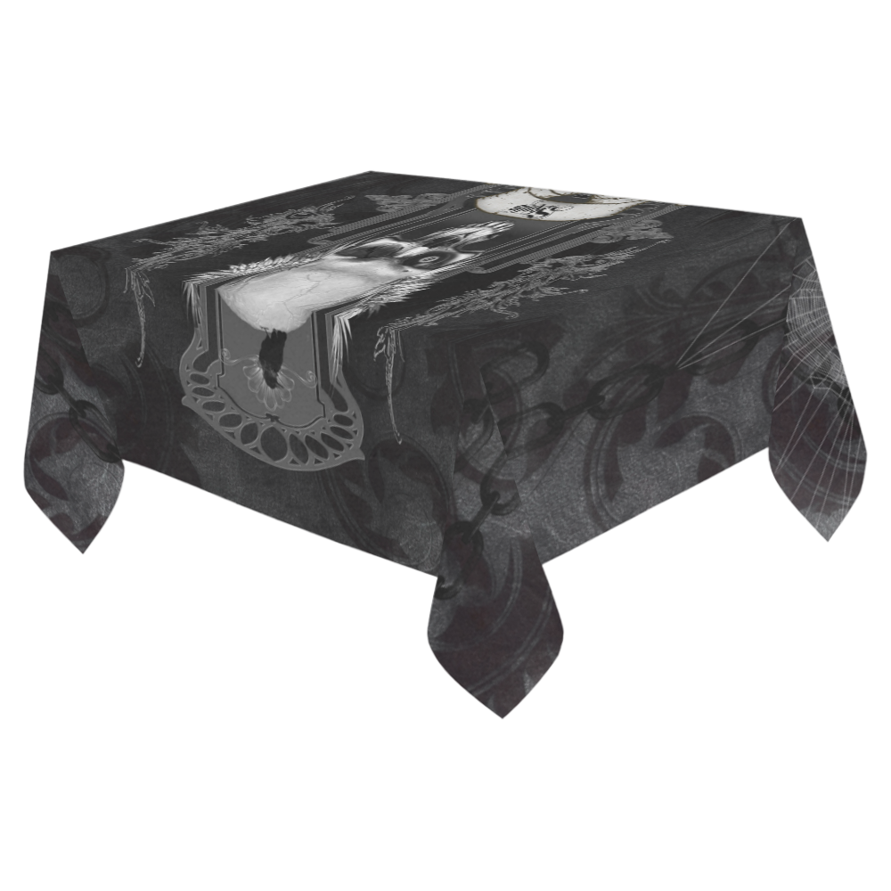 Skull with crow in black and white Cotton Linen Tablecloth 52"x 70"