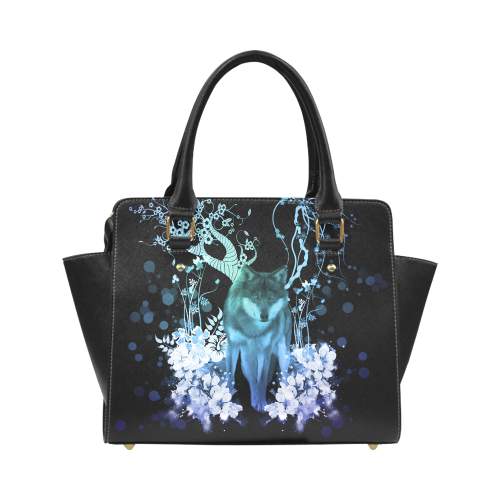 Awesome wolf with flowers Classic Shoulder Handbag (Model 1653)