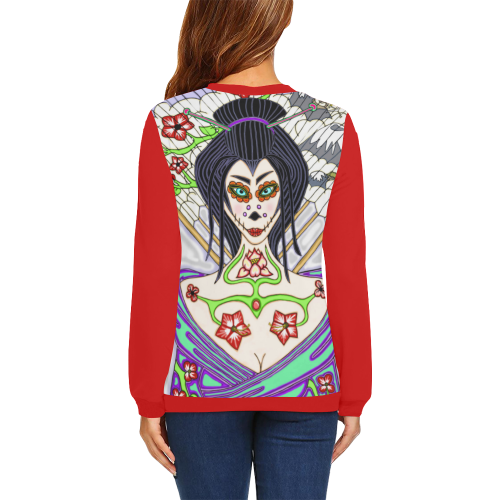 Geisha Sugar Skull Red All Over Print Crewneck Sweatshirt for Women (Model H18)
