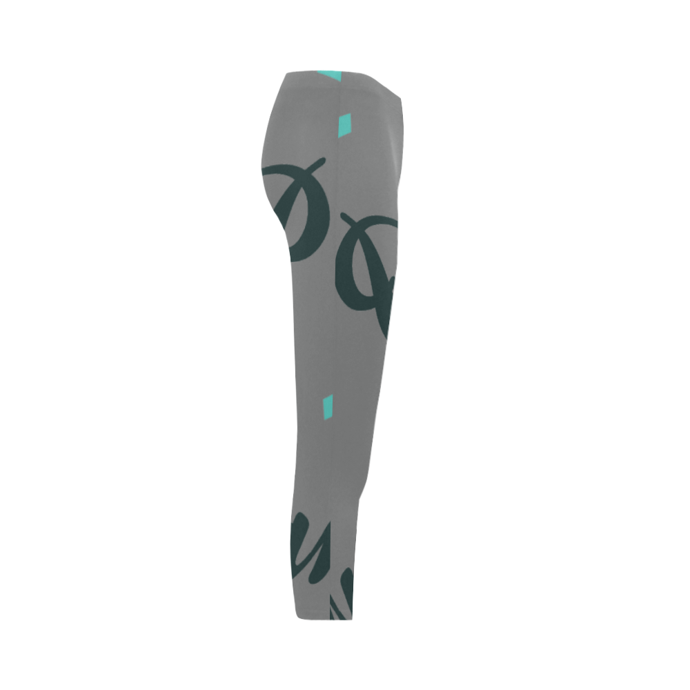 Grey Black & Aqua Print Leggings Capri Legging (Model L02)
