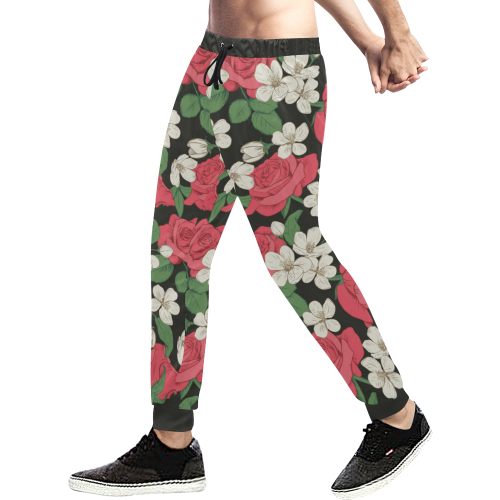 Pink, White and Black Floral Men's All Over Print Sweatpants (Model L11)
