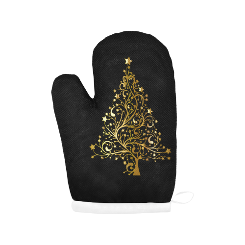 Golden Christmas Tree on Black Oven Mitt (Two Pieces)