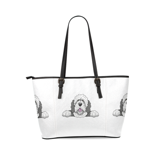 Sheepie Doodle grey & white- white Leather Tote Bag/Large (Model 1640)