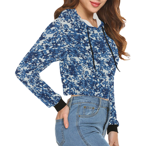 Digital Blue Camouflage All Over Print Crop Hoodie for Women (Model H22)