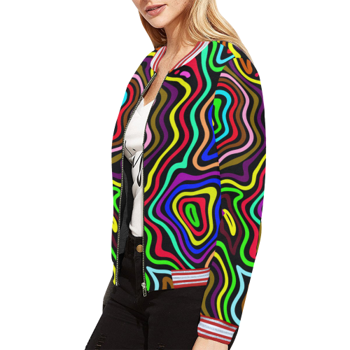 Multicolored Wavy Line Pattern All Over Print Bomber Jacket for Women (Model H21)