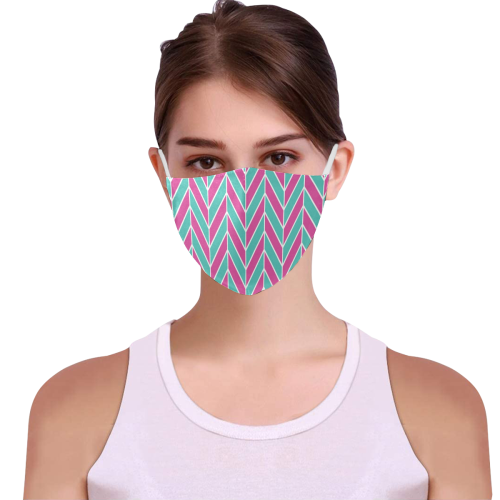 Pink White Turquoise Herringbone 3D Mouth Mask with Drawstring (30 Filters Included) (Model M04) (Non-medical Products)