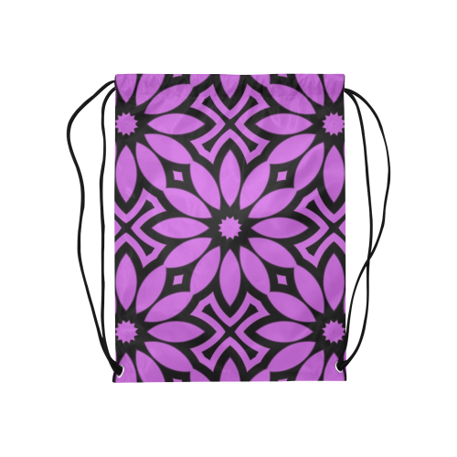 Purple/Black Flowery Pattern Medium Drawstring Bag Model 1604 (Twin Sides) 13.8"(W) * 18.1"(H)