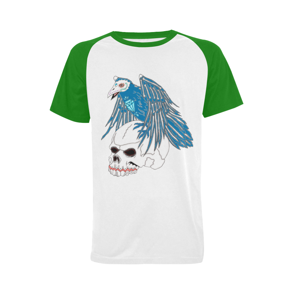 Raven Sugar Skull Green Men's Raglan T-shirt Big Size (USA Size) (Model T11)