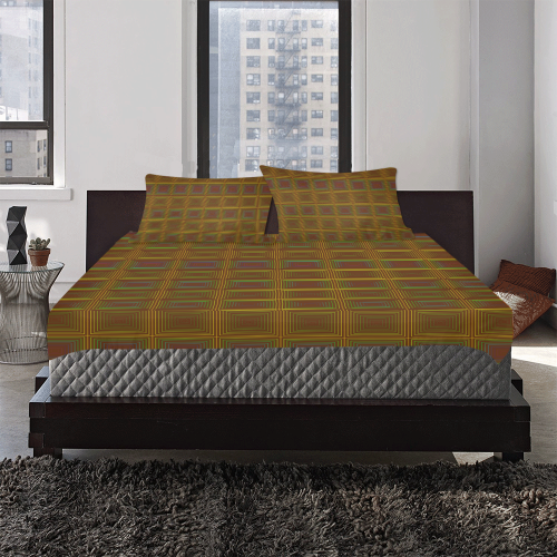 Golden brown multicolored multiple squares 3-Piece Bedding Set