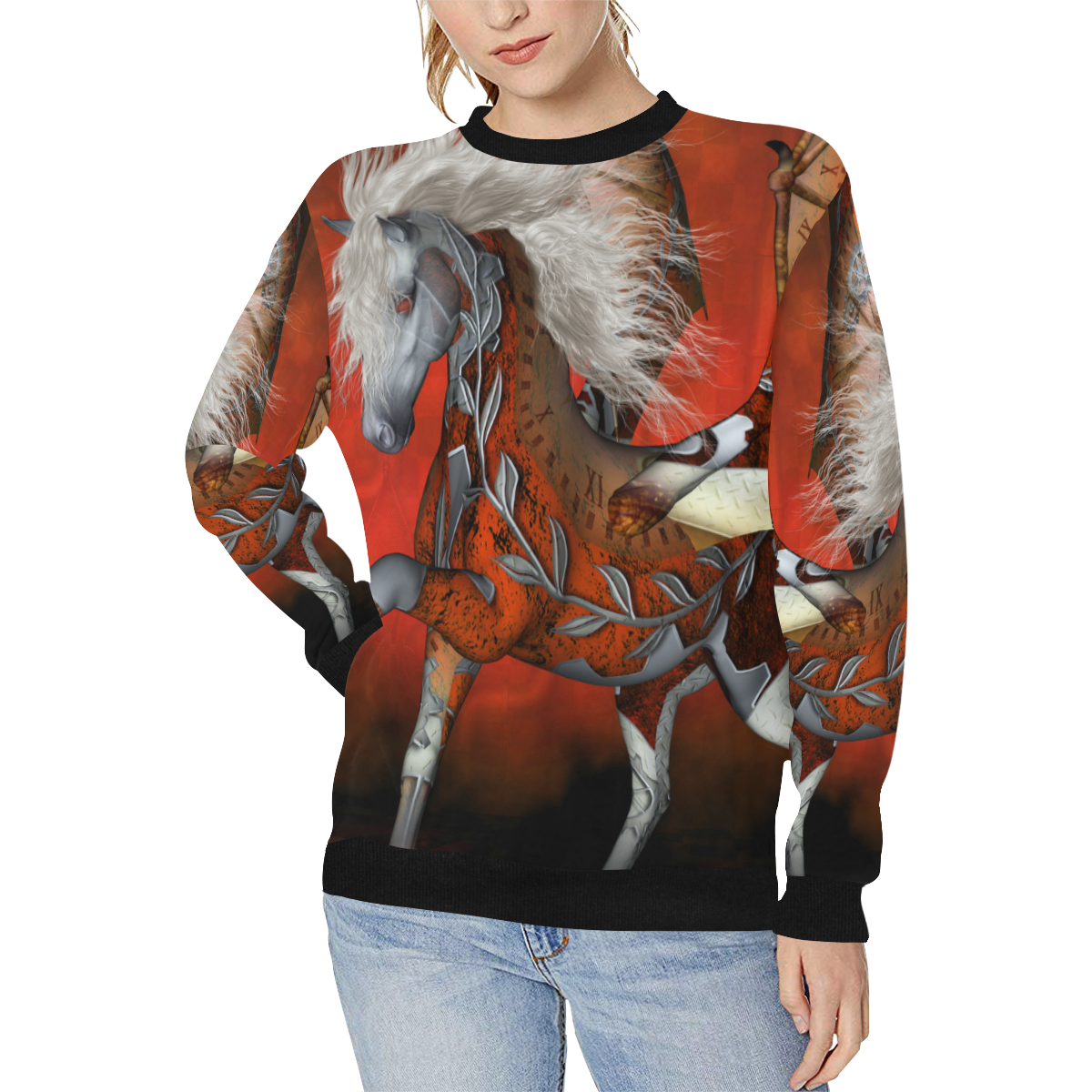 Awesome steampunk horse with wings Women's Rib Cuff Crew Neck Sweatshirt (Model H34)